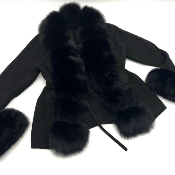 Real fox fur cardigan genuine fur collar trench coat parka jacket wool cape blaz - Picture 8 of 12